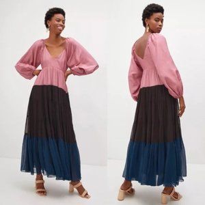 NWT Anthropologie Nirmooha Puff-Sleeved Color block Maxi Dress L